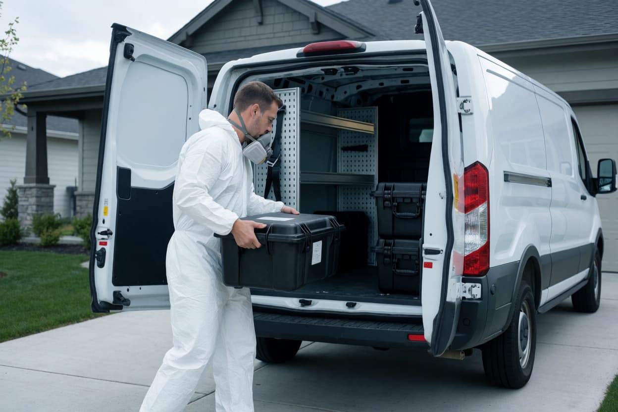 Technician in a protective suit loading equipment into a service van