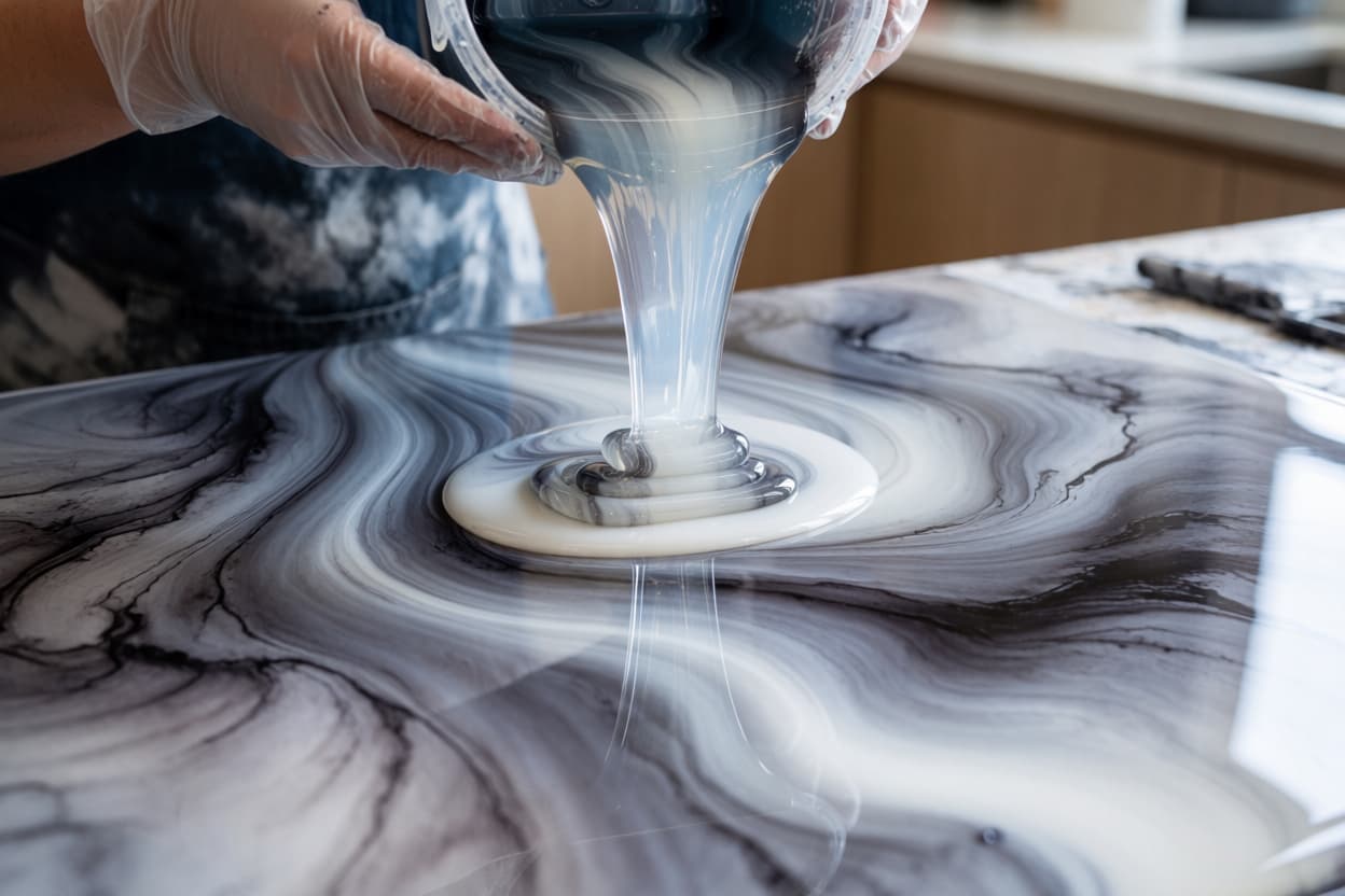 Resin being poured onto a marbled countertop