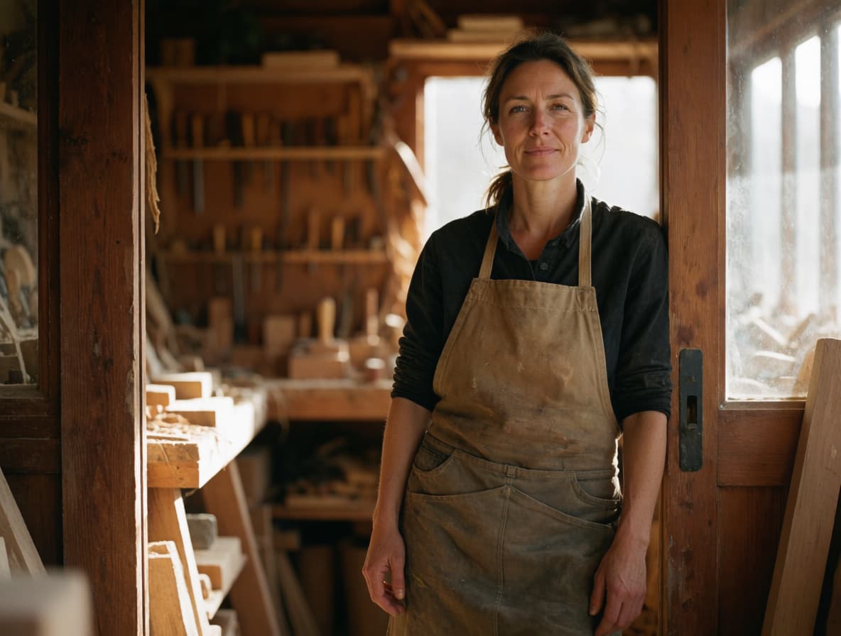 A tradeswoman in an apron standing in her workshop doorway