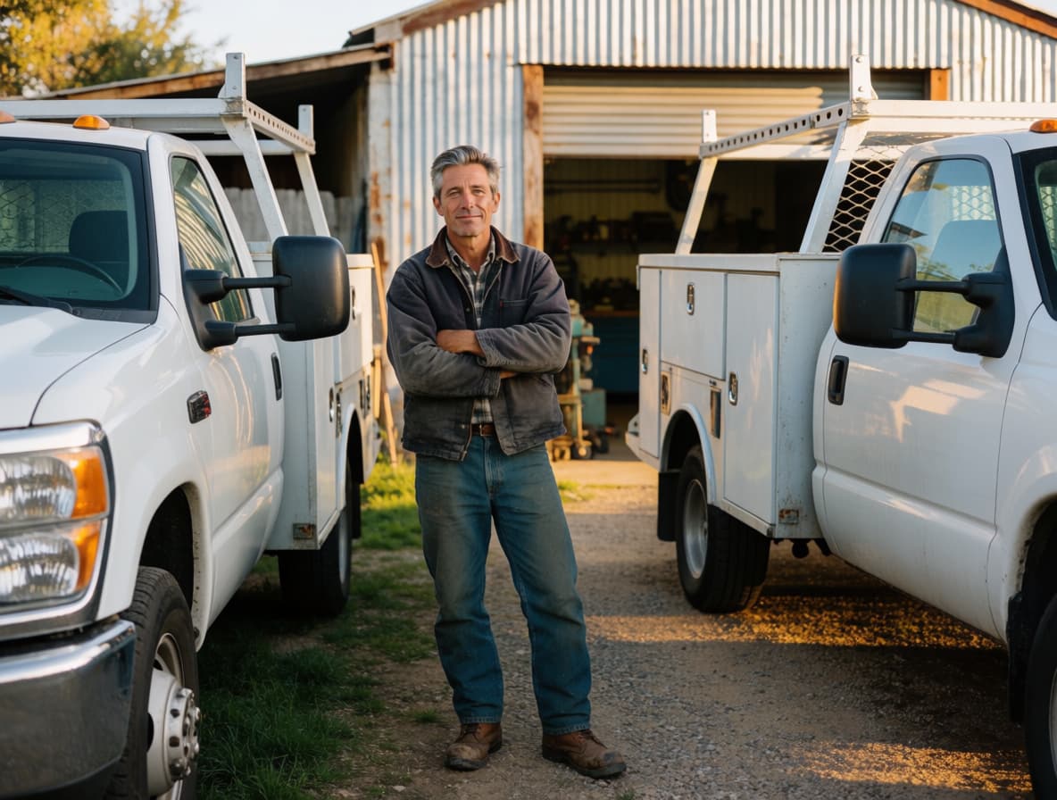 A business owner standing between two white service trucks