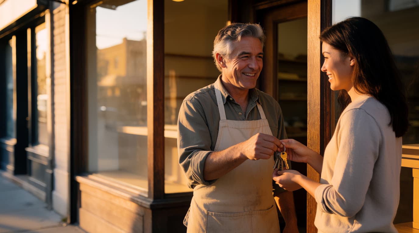 An owner handing the keys of his shop to his daughter